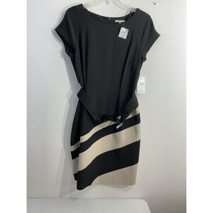 Womans Sandra Darren Fit & Flare Midi Dress 16 Black Beige Cap Sleeves Belt NWT